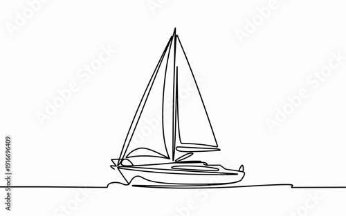 Elegant Sailboat Gliding on Water: Single Continuous Line Drawing on White Background, Nautical Adventure, Maritime Dream, Minimalist Design, Leisure, Aquatic Lifestyle, Ocean Voyage, Creative Illustr