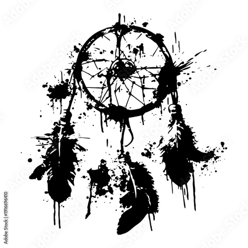 Traditional dreamcatcher with feathers in expressive ink splatter and grunge artistic style