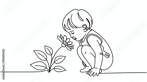 Child Smelling Flower Squatting in Garden: Innocence and Wonder of Nature, Cute Toddler Boy Enjoying Outdoors, Springtime Season, Simple Line Art Illustration for Children's Book, Nursery Decor, Minim