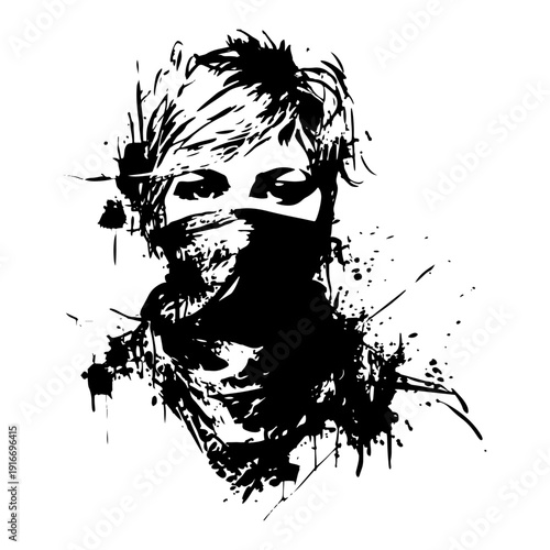 Portrait of rebellious woman with face mask in artistic ink splatter style