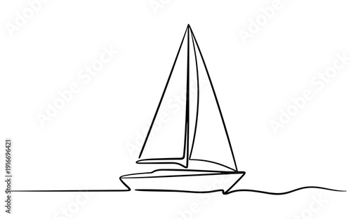 Single Line Drawing of a Sailboat on the Water, Sailing, Cruising the Ocean during Summer, Minimalist Artistic Graphic, Nautical Illustration Concept for Freedom and Adventure (198/200 max chars), Mar