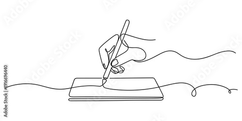 Continuous Line Drawing of Hand Using Stylus on Tablet for Digital Art & Illustration, One-Line Art, Mockup, Single Stroke Design for Creativity, Graphics, Writing & Technology, Minimalist Style for C