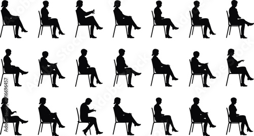 Set of 20 black silhouette seated human figures in diverse chair postures, gestures, and body language poses for design, ergonomics, animation, and psychological study