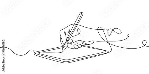 Creating Digital Art: Hand Drawing on Tablet with Stylus for Graphic Design Projects and Business Applications; Continuous Line Illustration for  Creative Technology, Innovation, Modern Lifestyle, Com