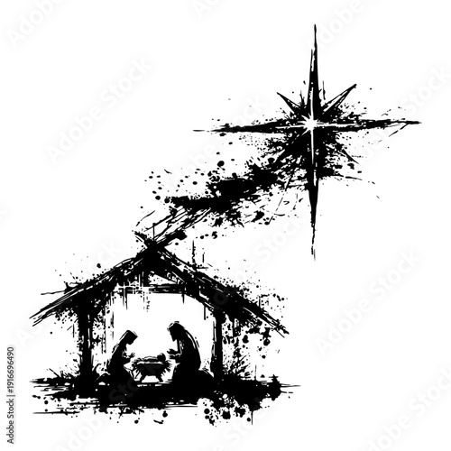 Christmas nativity scene with holy family and star in artistic ink splatter style