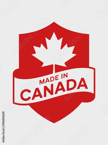 Iconic Symbol of Canadian Origin Proudly Displayed – Maple Leaf Emblem on Red Shield, Promoting Local Manufacturing and National Pride, Signifying Quality, Authenticity, and Heritage, Supporting Domes