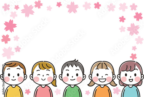 A frame featuring cherry blossoms and cute children