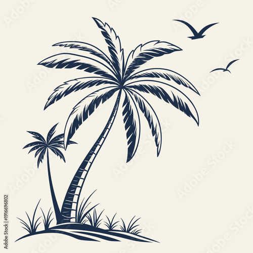 Tropical Palm Trees Silhouette. Island Beach Paradise Vintage Illustration