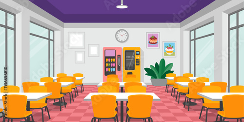 Corporate Cafeteria Dining Area with Vending Machines Interior Vector Illustration, Modern Office Break Room Lunch Space, Empty Restaurant with Furniture, Geometric Interior Design,  Casual Workplace,