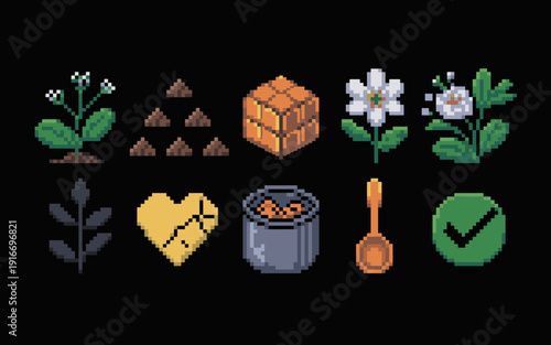 Pixel Art Game Dev Elements:  Cultivating Medicinal Herbs & Ingredients in a Fantasy, Retro RPG, Preparing Potions, & Crafting Gameplay.  Pixelated Vegetation, Soil, Bricks, White Flowers, Dark Leaf,