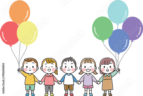 Simple and cute illustration of children holding balloons