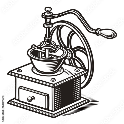 Vintage Manual Coffee Grinder. Old Fashioned Bean Mill Illustration