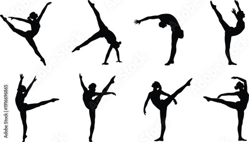 Set of eight black silhouette dancer figures in expressive ballet and contemporary poses, showcasing movement, flexibility, balance, and artistic dance gestures for creative design projects