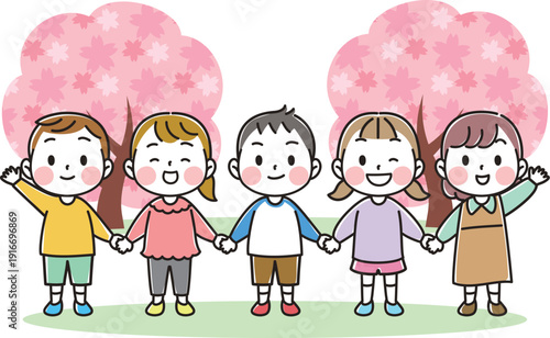 Illustration of children holding hands under cherry blossoms