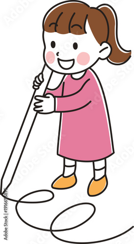 Illustration of a girl drawing lines with a large stylus pen