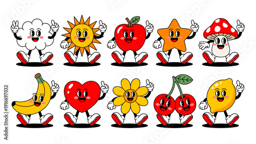 Retro Cartoon Food Characters Having an Idea, Isolated on White: Cute Cloud, Sun, Fruit and Plant Characters with Outlines in a Fun Nostalgic Style, Perfect for Children's Education Material, Stickers