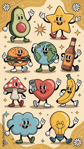 Retro Cartoon Characters Parade: Avocado, Star, Burger, Earth, Beer Bottle, Mushroom, Heart, Banana, Cloud, Light Bulb Walk in Retro Style, Optimistic Vintage Mascot Collection for Branding and Design