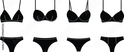 Set of eight black silhouette lingerie icons featuring bras and panties in different styles, showcasing fashion design, underwear comparison, and intimate