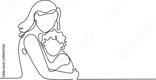 Mother and baby line art. Mom hugs child. Motherhood and newborn concept. Happy mother line vector illustration. Parent loving kid, happy mother day design for card