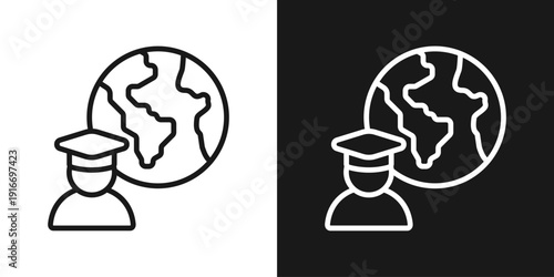 Global Graduate Icon In Black And White Line Style