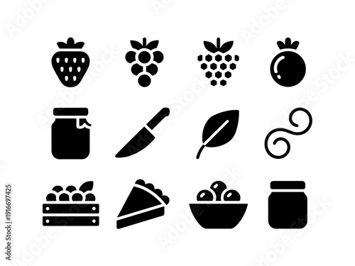 Berry Season Delights: Harvesting Fresh Fruit And Homemade Preserves On A Sunny Farm For Summer Recipes, Jam Making And Fruit Pie Baking, Using Minimalist Black Silhouette Icons for Cookbook Design, F