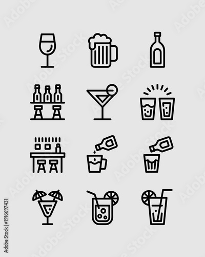 Line Art Cocktails Illustration: Bartending Collection, Drink Preparation, Alcoholic Beverage Menu, Bar Icon Design, Modern Minimalist Style,  Nightlife, Social Gathering, Celebration, Party, Simple G