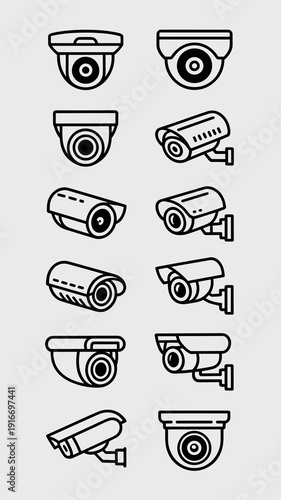 Security Cameras Protecting Property: Surveillance System Icons Protecting Home & Business Safety, Crime Prevention, Digital Monitoring Technology, CCTV Equipment, Visual Security, Outline Style, Mini