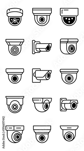 Security Cameras Systems Surveillance Equipment Supervising with Innovative Infrastructure Technology for Monitoring Activity, Criminal Detection at Safe Residences & Business Properties; Outline Vect