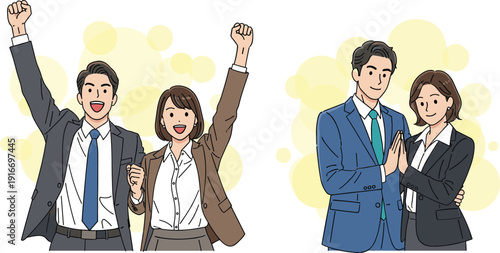 Happy professional business man and woman celebrating success with raised fists and high five in formal office suits