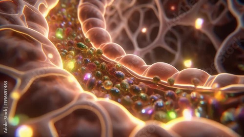Nutrients are absorbed into the gut walls with shimmering particles in close-up view