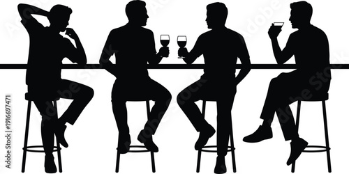Set of five black silhouette figures sitting on bar stools at counter, engaging in casual social interaction, drinking, and conversation for café, lounge, or nightlife design projects