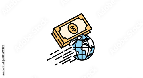 Dollar bill flying around the globe illustration.