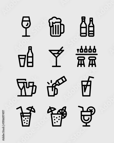 Line Art Drink Icons at a Bar: Bartending, Cocktails & Nightlife Illustration, Pouring & Celebrating Spirits in a Restaurant, Pub, or Cafe – Elegant Minimalist Graphic Design for Menu, App, or Decor,