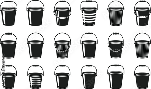 Black and white bucket icons set, metal and plastic pail silhouettes with handles, isolated household cleaning equipment vector graphic illustrations.