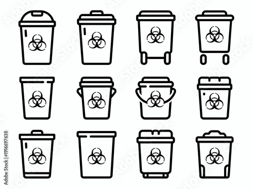 Biohazard Waste Disposal Icons Arranged Neatly on a White Backdrop: Symbolizing Hazardous Materials, Medical Waste Management, and Laboratory Safety in Research and Hospital Settings. Use in Health, S