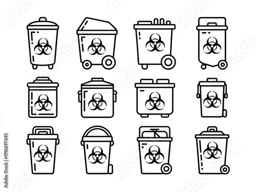 Biohazard Waste Collection Icons: Managing Medical, Chemical & Laboratory Garbage, Disposing Contaminated Materials, Public Health Safety, Outline Vector Symbols for Environmental Protection & Healthc