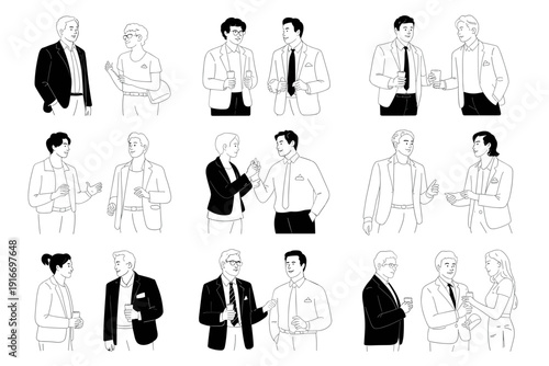 Networking Event Attendees Talking and Socializing, Diverse Business Professionals Discussing Projects at a Corporate Party, Convention, or Conference in a Minimalist Line Art Style; Promoting Connect