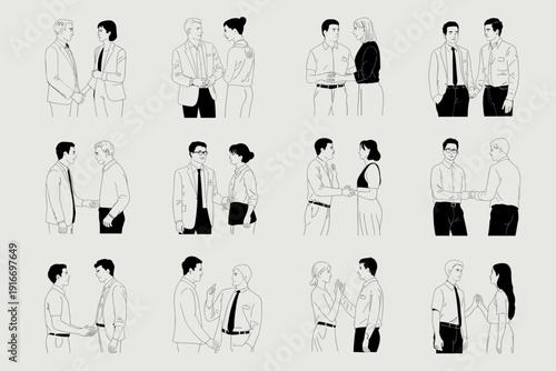 Diverse Professionals Negotiating Deals in Minimalist Line Art Style: Business Collaboration, Partnership Agreements, Job Interview, Teamwork, Contract Discussions, Handshake Deal, Communication, Corp