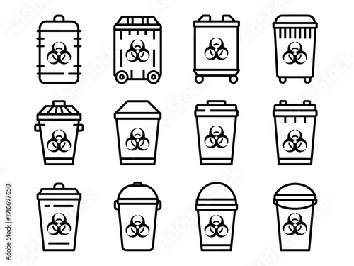 Hazardous Waste Management Vector Illustration: Biohazard Trash Cans Isolated on White Background, Symbolising Safety, Environmental Responsibility, and Proper Disposal in Chemical, Medical, and Indus