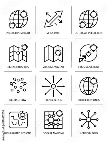 Global Pandemic Tracking & Analysis Illustrations: Predictive Spread, Virus Path & Outbreak Prediction for Epidemiology, Disease Mapping & Network Grid Analysis in a Tech-Driven World with Digital Hot