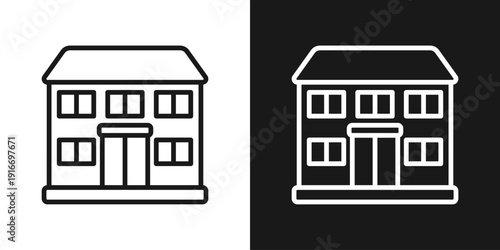 School Building Icon In Black And White Line Style