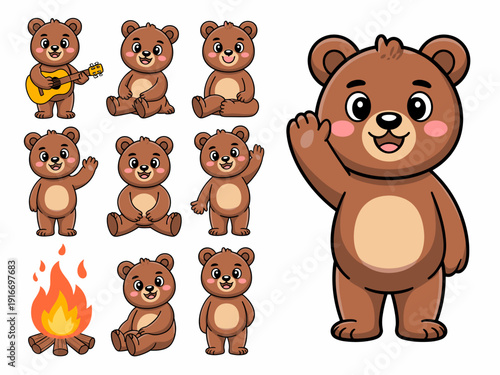 Adorable Cartoon Bears Camping Scene: A Cheerful Group of Teddy Bears Around a Campfire Sharing Stories and Music.  Illustrations evoke Warmth, Friendship, Ideal for Children's Books, Educational Mate