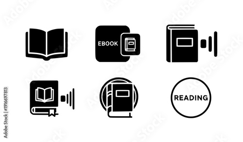Modern Ebook and Open Book Icon Set Solid Black Vector Design