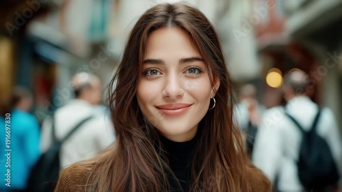 Wallpaper Mural Caucasian woman in a relaxed mood smiling to the camera on a city street, natural daylight and urban backdrop capturing carefree lifestyle and modern confidence. Torontodigital.ca