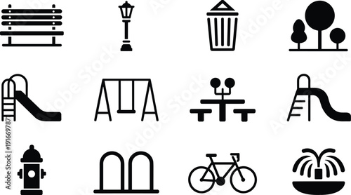Set of twelve black silhouette park and recreational icons including bench, lamp, trash can, trees, playground, picnic table, bike, and water fountain for urban design projects
