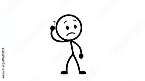 Confused Stick Figure Character Thinking with Question Marks Animation, Hand-Drawn Style Stickman Scratching Head and Looking Worried on White Background, Concept of Doubt, Confusion, and Problem Solv