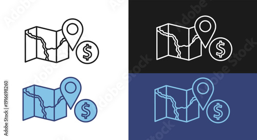 Set of map navigation icons with dollar sign and location pin.