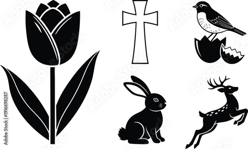 Black and white illustrations of spring symbols and animals