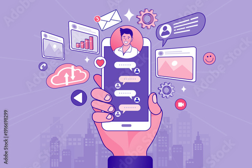 Digital communication and social media management concept. Smartphone screen showing chat interface surrounded by email, gallery, and cloud icons. Modern vector illustration for omnichannel marketing 