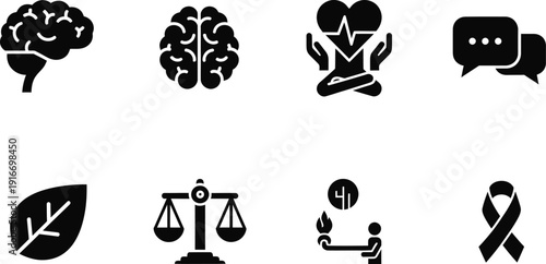 Mental health and emotional balance icon set representing brain function, mindfulness, communication, nature therapy, stress management, and awareness.